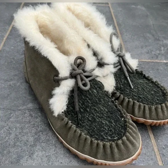 Sorel Out N About Moc Olive Green Suede & Fabric Shearling Lined Moccasin Sz 7 - Picture 12 of 13